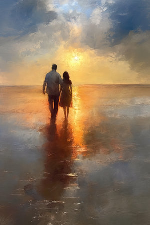 silhouette of a couple walking on the beach with sunset, romantic scene painting / illustrationの素材