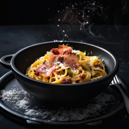 spaghetti carbonara, a traditional and famous italian recipe with egg sauce, pecorino and parmesan cheese, pork cheek and pepperの素材