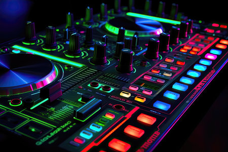 close up of dj mixer with backlit buttons and knobs to setting output musicの素材