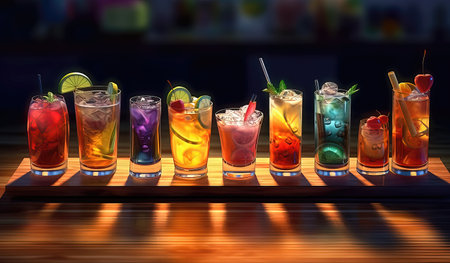 cool colorful drinks with different shaped glasses with ice cubes, fruits and strawsの素材