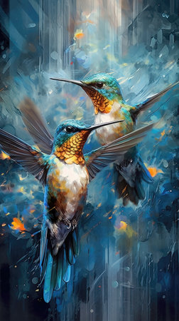 Two hummingbirds painted in a frame with a blue tintの素材