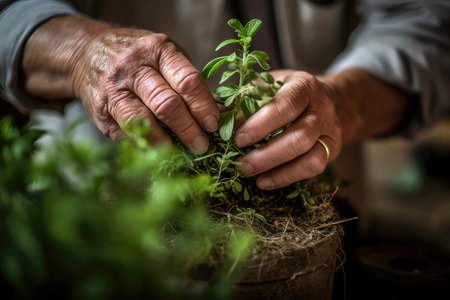 Close-up of man hands working on a small plantの素材