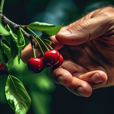 Hand picking cherries from the treeの素材