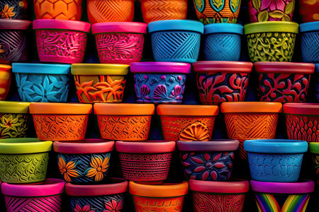 Full of stacked pots. Painted and decorated artworksの素材