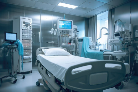 Interior of a hospital room with patient bed and medical equipmentの素材