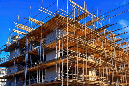 Multi-storey building under construction with scaffolding against blue skyの素材