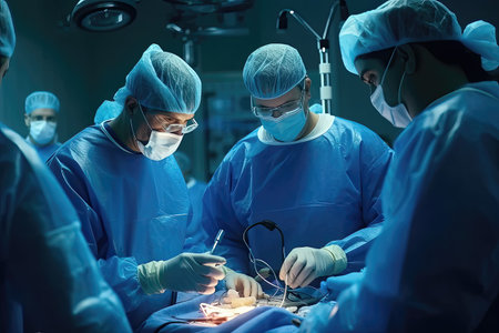 Group of surgeons in operation room take with art lighting and blue filterの素材