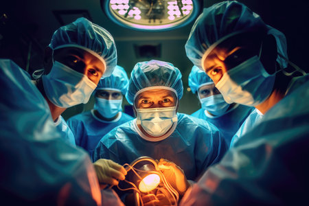 Group of surgeons in operating room checking patient during surgeryの素材