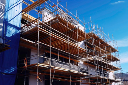Scaffolding on a building under construction with blue sky in the backgroundの素材