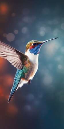 Close-up of an hummingbird in flight with a blurred backgroundの素材