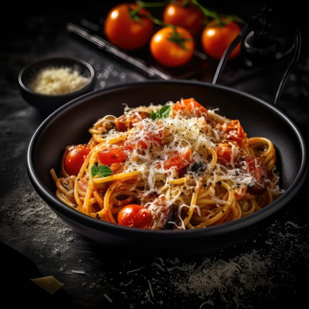 pasta with tomato sauce, olives and parmesan, an italian recipeの素材