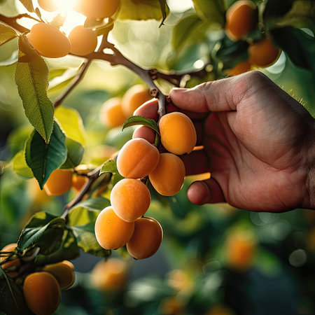 Hand picking apricots from the treeの素材