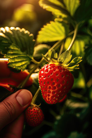 Close-up of hand picking red strawberriesの素材