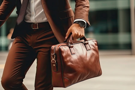 Cropped image of a young businessman holding a leather briefcase while walking outdoorsの素材