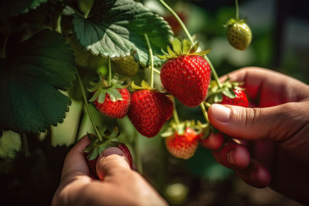 Close-up of hands picking red strawberriesの素材