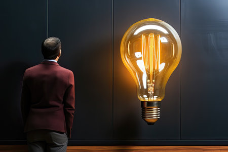 Businessman looking at a lightbulb on a dark background. Concept of thinking, imagination, ideaの素材