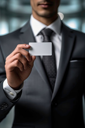 Businessman holding a blank business card, close-up shotの素材