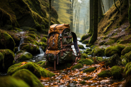 Hiking backpack in the forest with a waterfall in the backgroundの素材