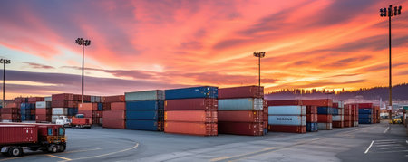 Port with a lot of cargo containers at sunsetの素材