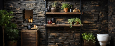 Interior of stylish bathroom with wooden shelf and plants in potsの素材