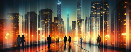 Silhouette of business people walking on the road and cityscape backgroundの素材