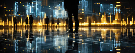 Business people silhouettes against night cityscape background. 3d renderの素材