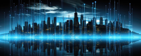 Modern city skyline with glowing lights. Futuristic business concept. 3D Renderの素材