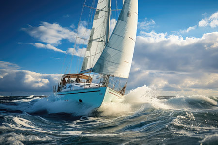 Sailing yacht in the sea on a background of blue sky with cloudsの素材