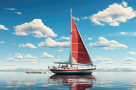 Sailing boat on the sea. 3D render of a sailing boatの素材