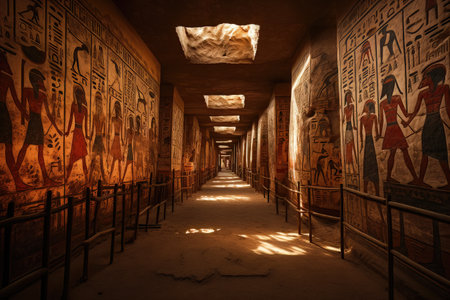 Ancient hieroglyphs on the wall in a gallery of an egyptian buildingの素材