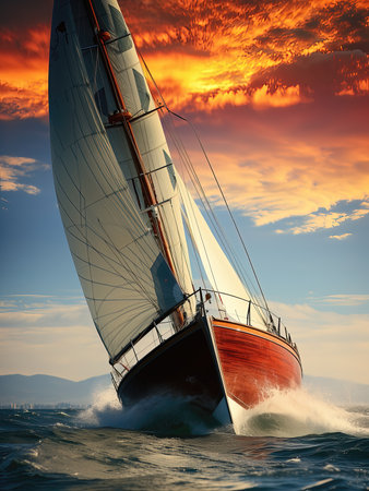 Sailing yacht in the sea at sunset. Yachting sportの素材