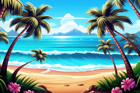 Tropical beach with palm trees and flowers, vector illustration.の素材