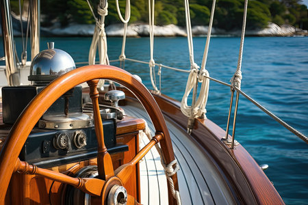Steering wheel of a sailing boat on the background of the seaの素材