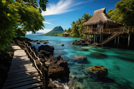 Wooden bridge leading to tropical beach with turquoise water.の素材