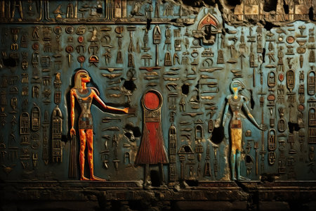 Egyptian hieroglyphs on the stone wallの素材