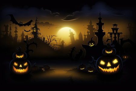 Halloween background with witch and pumpkins. 3D rendering.Halloween night background with pumpkins and cemetery. Vector illustrationの素材