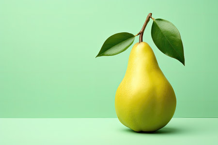 Ripe yellow pear with green leaves on a light green background.の素材