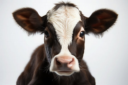 Portrait of a young cow on a white background, close-upの素材