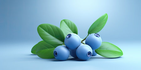 Blueberries with green leaves on blue background. 3d illustrationの素材