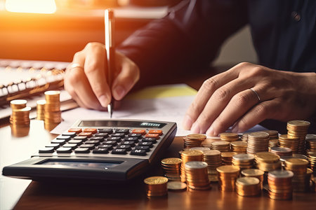 Accounting Calculating Mathematic Economic Finance Concept. Businessman hand working with calculator and stack of coinsの素材