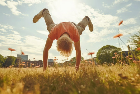 Little boy doing acrobatic tricks on the meadow at sunsetの素材