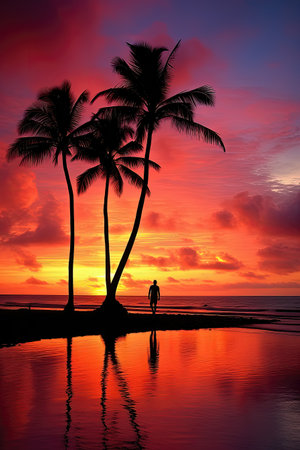 Silhouette of a man on a tropical beach at sunsetの素材