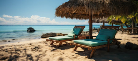 Sunbeds and umbrella on a tropical beach. Panoramaの素材