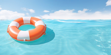 Lifebuoy floating in the sea on a sunny day. 3d render. Copy space for your textの素材