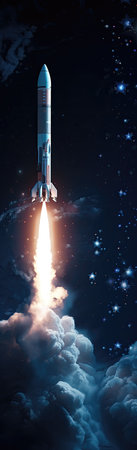 Rocket flying high in the sky. 3d illustrationの素材