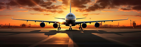 Airplane in the airport at sunset. 3d render illustrationの素材