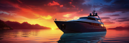 Luxury yacht standing in the sea at sunset, 3d render illustrationの素材