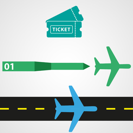 The scheme of planting on a plane at the airport.  Ticket. Go to the correct flight. Takeoffのイラスト素材
