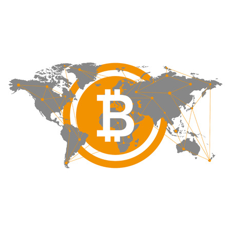 Bitcoin icon flat art, web, www, mobile app, sign, image. Grey similar world map isolated on black backgroundのイラスト素材