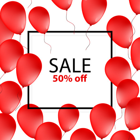 Sale Poster, banner with red balloons on white background with frame vector illustrationのイラスト素材